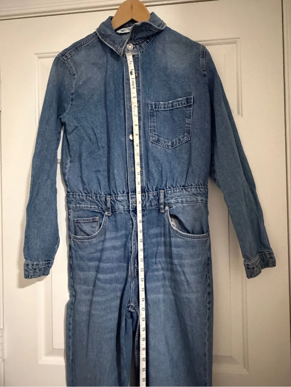 Zara Jumpsuit Woman's 28 Blue Denim Button and Zipper Front Belted Waistband